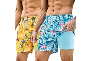 KBVOT Mens Swim Trunks with Compression Liner Bathing Suits 2 Pack Quick Dry Stretch Beach Shorts 7 inch Inseam Swimwear