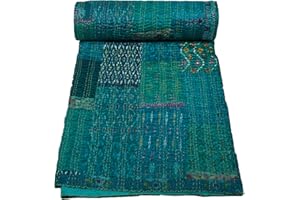 Marubhumi Indian Handmade Quilt Indian Silk Sari Kantha Quilted Patchwork (Turquoise, King (108"x 108"))