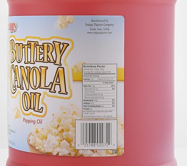 SNAPPY BUTTERY CANOLA OIL, LOWER FAT BUTTER FLAVORED POPCORN OIL FOR POPCORN MACHINE AND STOVETOPS NATURALLY COLORED WITH BETA CAROTENE, 1 GALLON SIZE, PREMIUM COOKING INGREDIENT