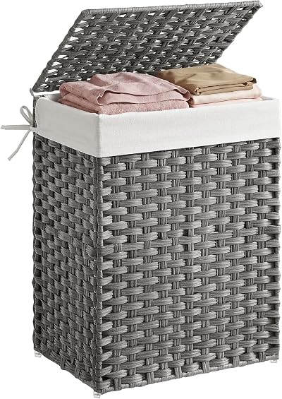 SONGMICS Slim Laundry Basket 55L with Lid and Handles Goose Yellow LCB164N01