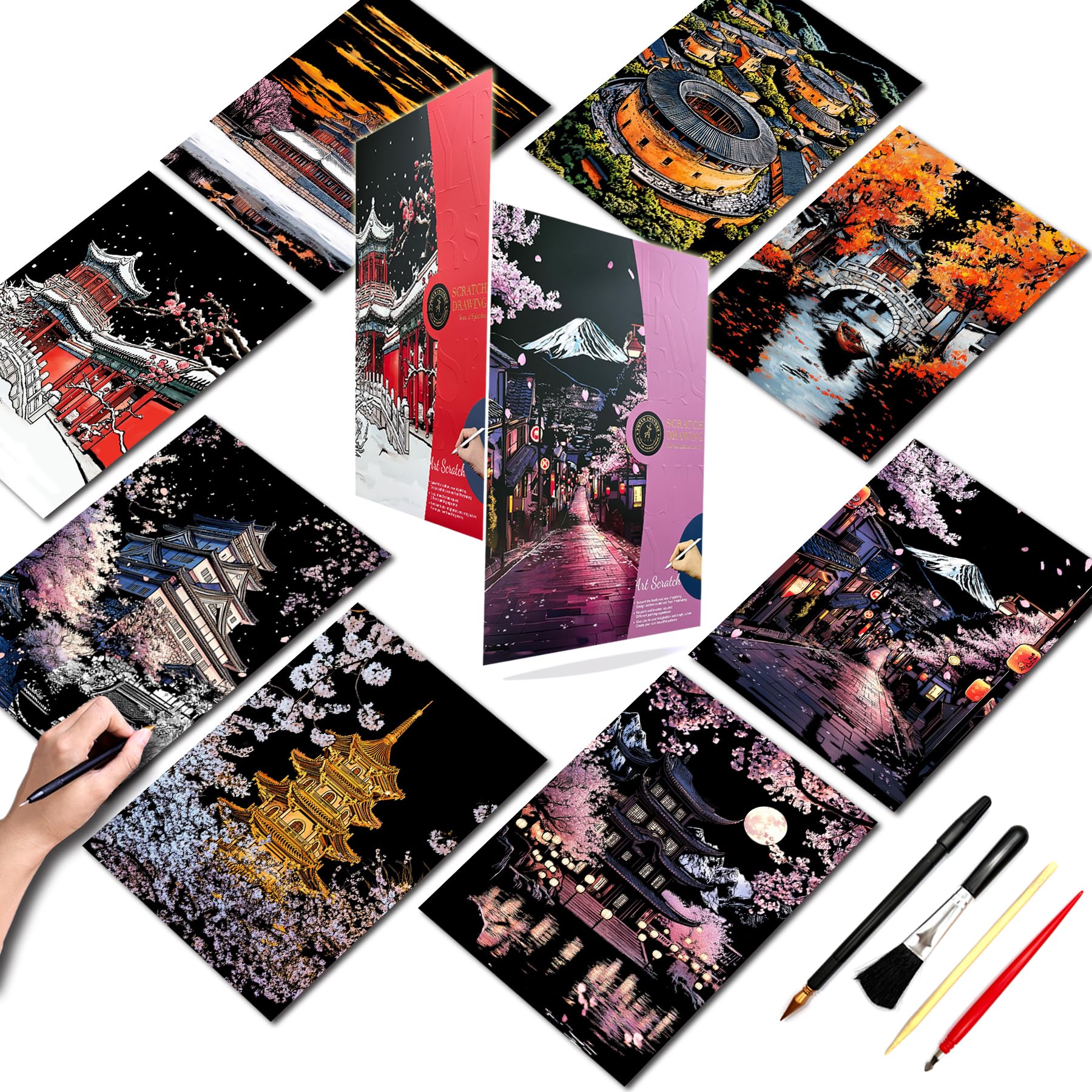 Scratch Art for Adults&Teens-Laser Scratch Painting Craft Kit (8 Sheets 16x11 in)|Foil Engraving Art Set|Stress Relief Gift for Travel Lovers,Craft Lovers|Scratch Painting Home Decor(Asian Series)