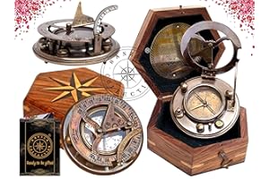 Hanzla Collection Antique Brass Sundial Compass with Wooden Box and Chart | Working Compass | Gilbert & Sons London Sun Clock Decorations Ship Replica Watch