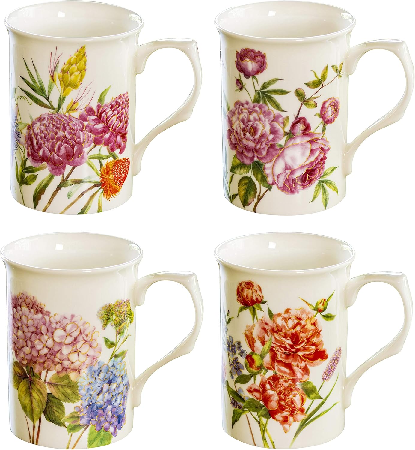 Grace Teaware Bone China Coffee Tea Mugs 9Ounce, Assorted Set of 4 (Beautiful