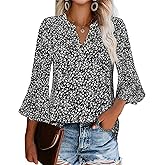 Gaharu Women's Work Blouses Ruffle 3/4 Sleeve Dressy Top V Neck Casual Chiffon Tunic Blouses Business Shirts