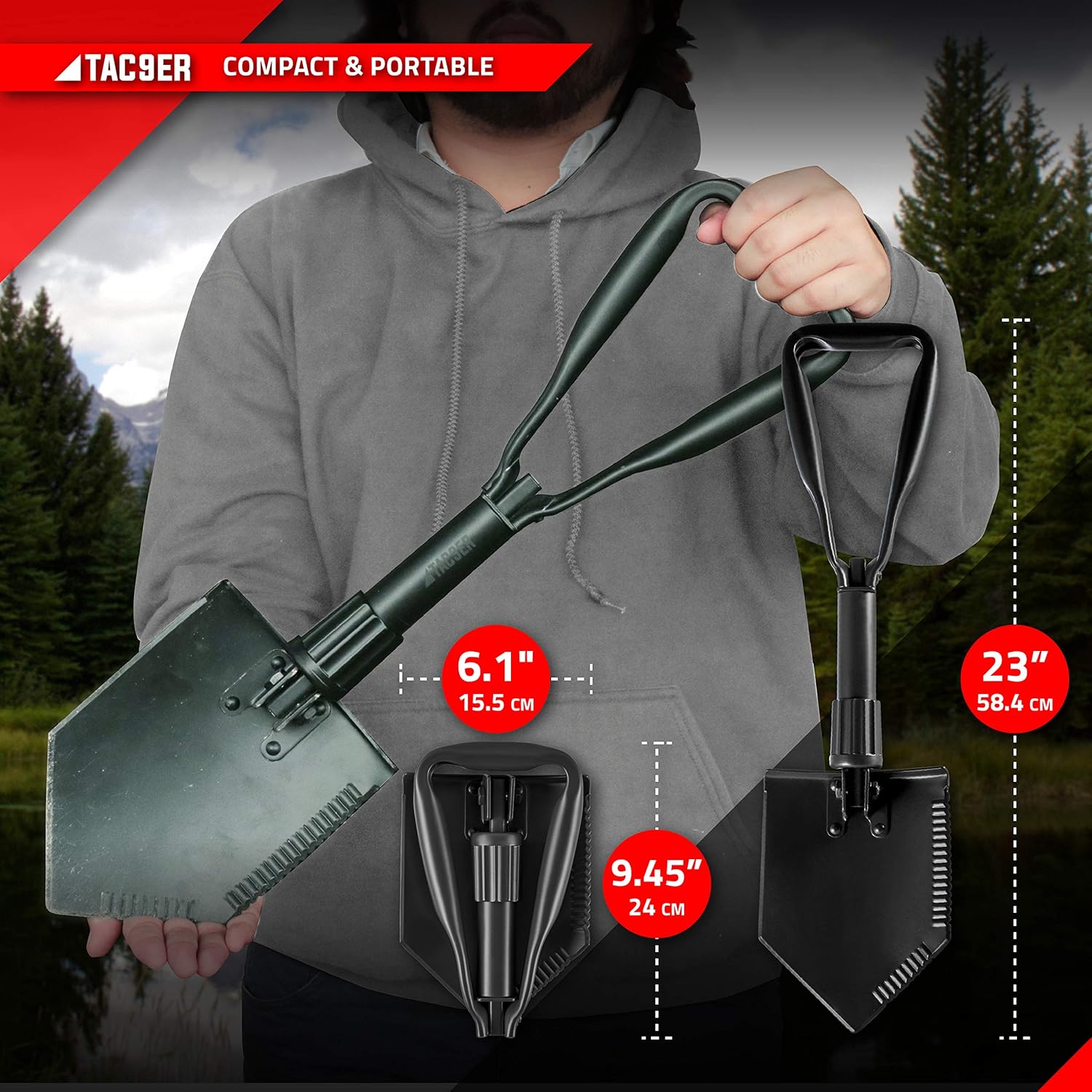 TAC9ER Entrenching Tool Shovel 23” - Portable, Metal, Tactical Shovel with Serrated Steel Blade for Camping, Backpacking, Gardening, Emergencies, Survival, and Heavy Duty Use : Garden & Outdoor