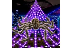 SEIFAR Halloween Decorations Outdoor, 450 LED16.4FT Big Spider Web Purple Lights with Giant 6.5FT Spider, Lighted Triangular Spider Web, Waterproof, Timer, Light up with 8 Modes for Yard Décor