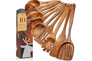 Wooden Spoons for Cooking,Natural Teak Wooden Kitchen Utensils Set (10 PCS)