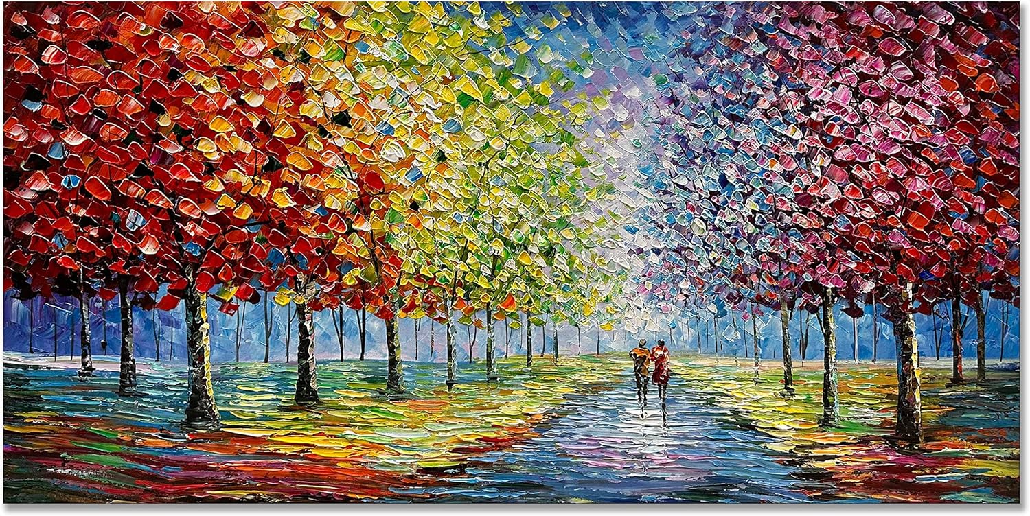 Paintings - Creespi Hand Painted Landscape Oil Painting Wall Art 24x48 inch,Contemporary Abstract Textured Tree Wall Paintings for Wall Decorations