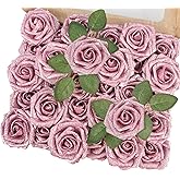MACTING 30PCS Valentines Day Pink Artificial Flowers Glitter Fake Flowers with Stem Real Touch Foam Roses for DIY Wedding Bouquet Table Centerpieces Party Wreath Home Spring Decorations
