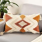 Merrycolor Boho Lumbar Throw Pillow Cover 12x20 inch,Bohemian Tufted Decorative Pillow Covers with Tassels for Couch Sofa Bedroom Living Room