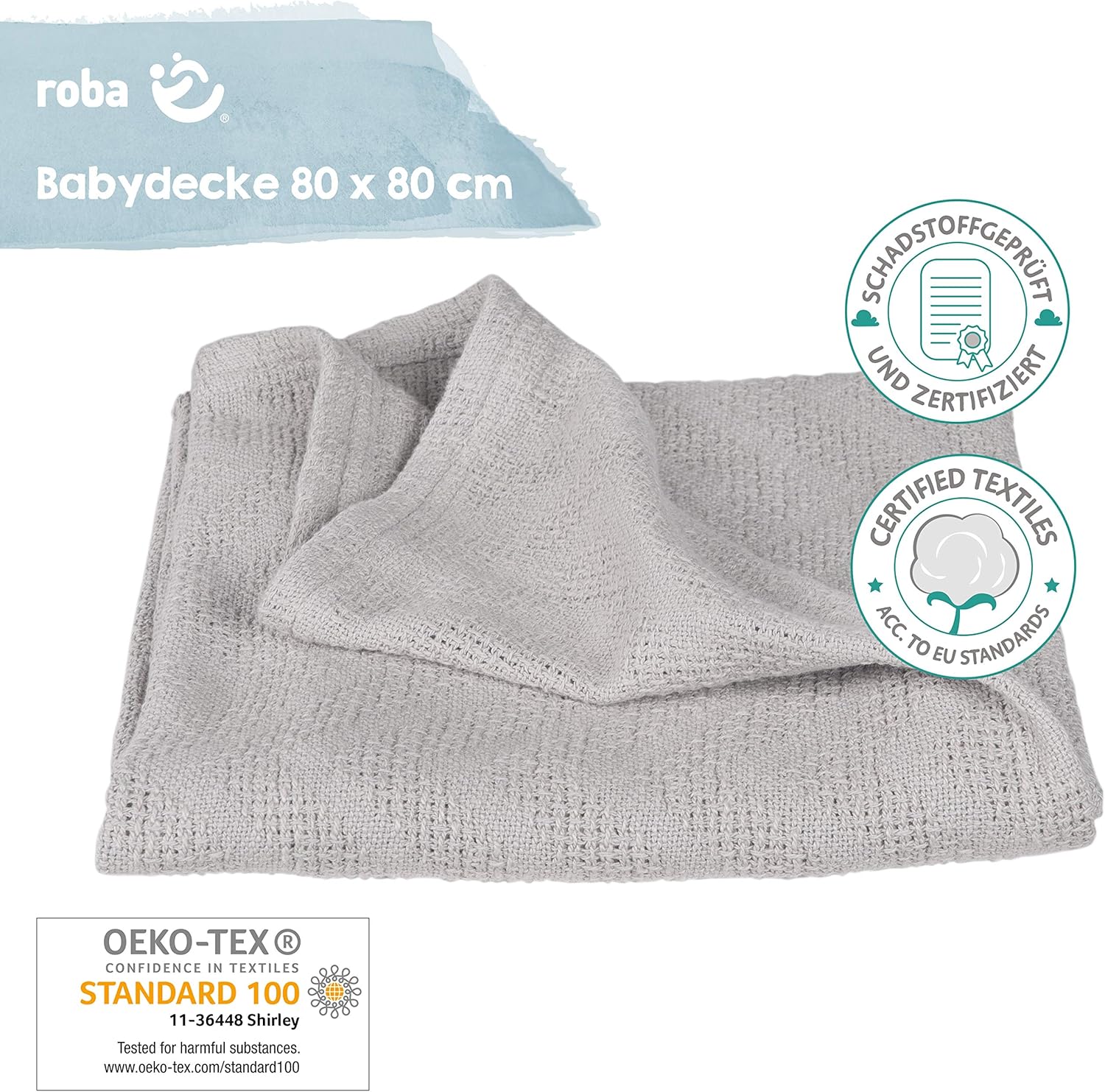 roba Lil Planet Organic Baby Blanket 80 x 80 cm - 100% Cotton GOTS and OEKO-TEX Certified - Knitted Look - Silver Grey - Image 3