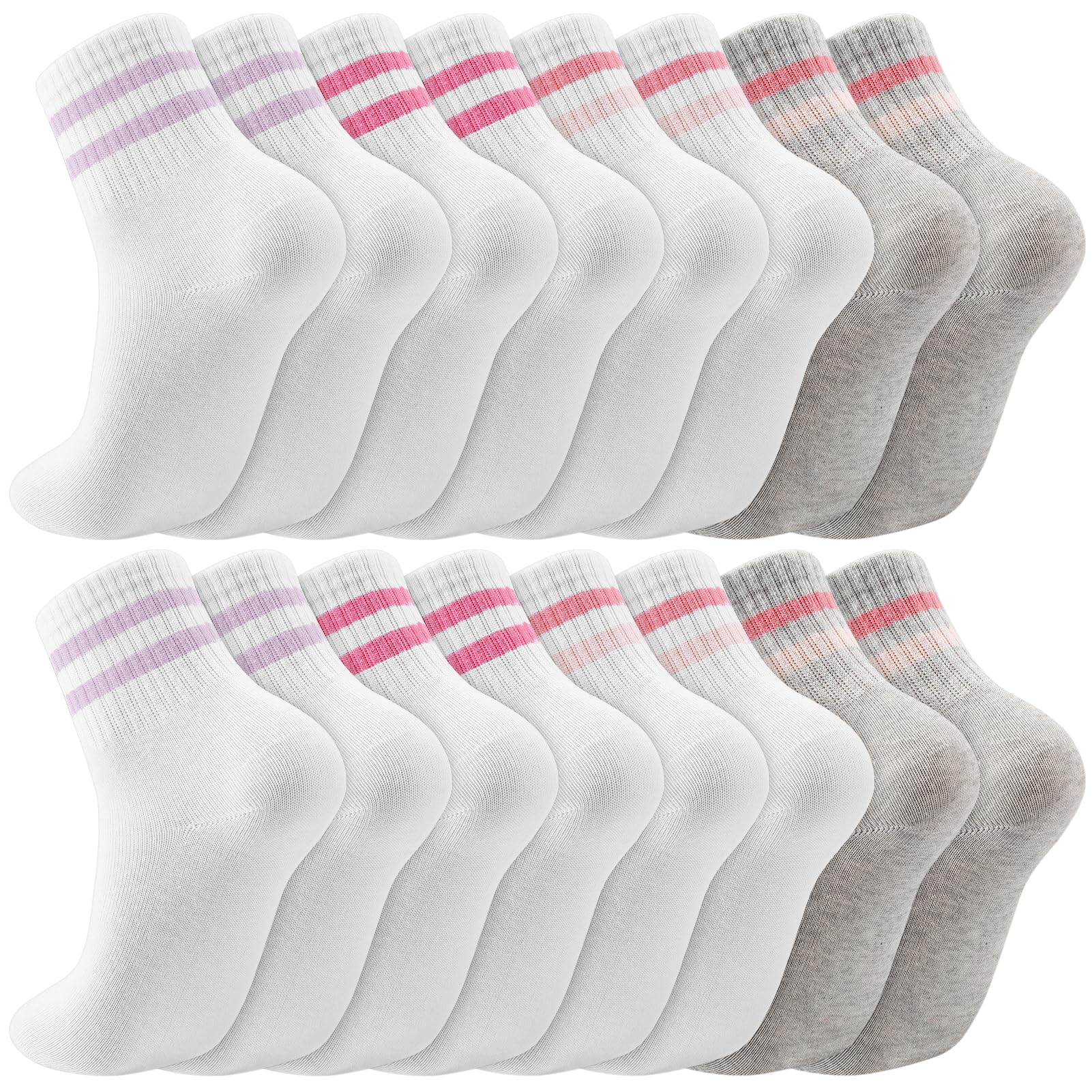 Photo 1 of Jspupifip 8 Pairs Kids Girls White Gray Crew Athletic Socks with Retro Stripes Hearts for Running Sport Outdoor