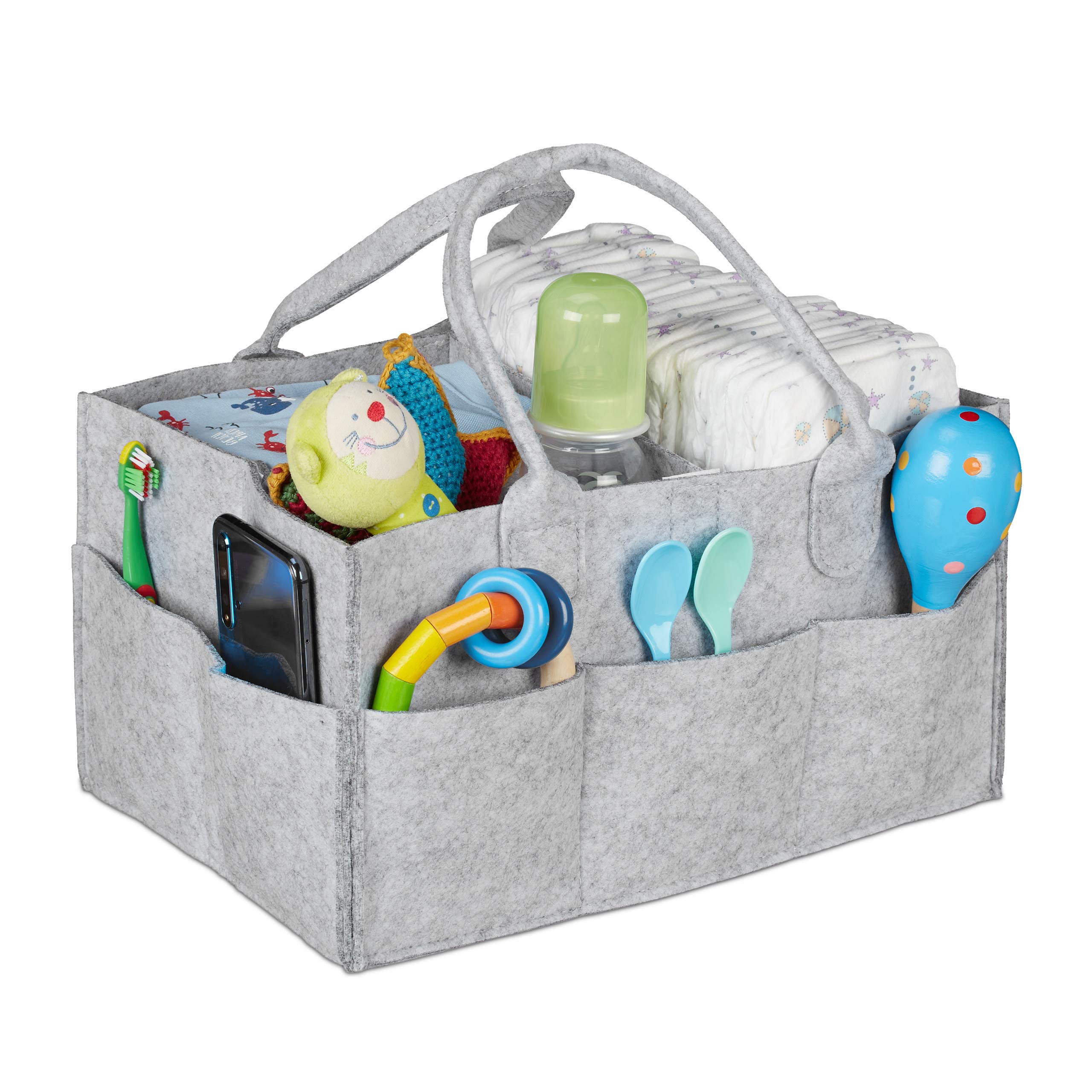 Relaxdays Baby Diaper Caddy, 11 Compartments, Removable Dividers, Portable Bag, H x W x D: 34 x 33 x 23 cm. Light Grey