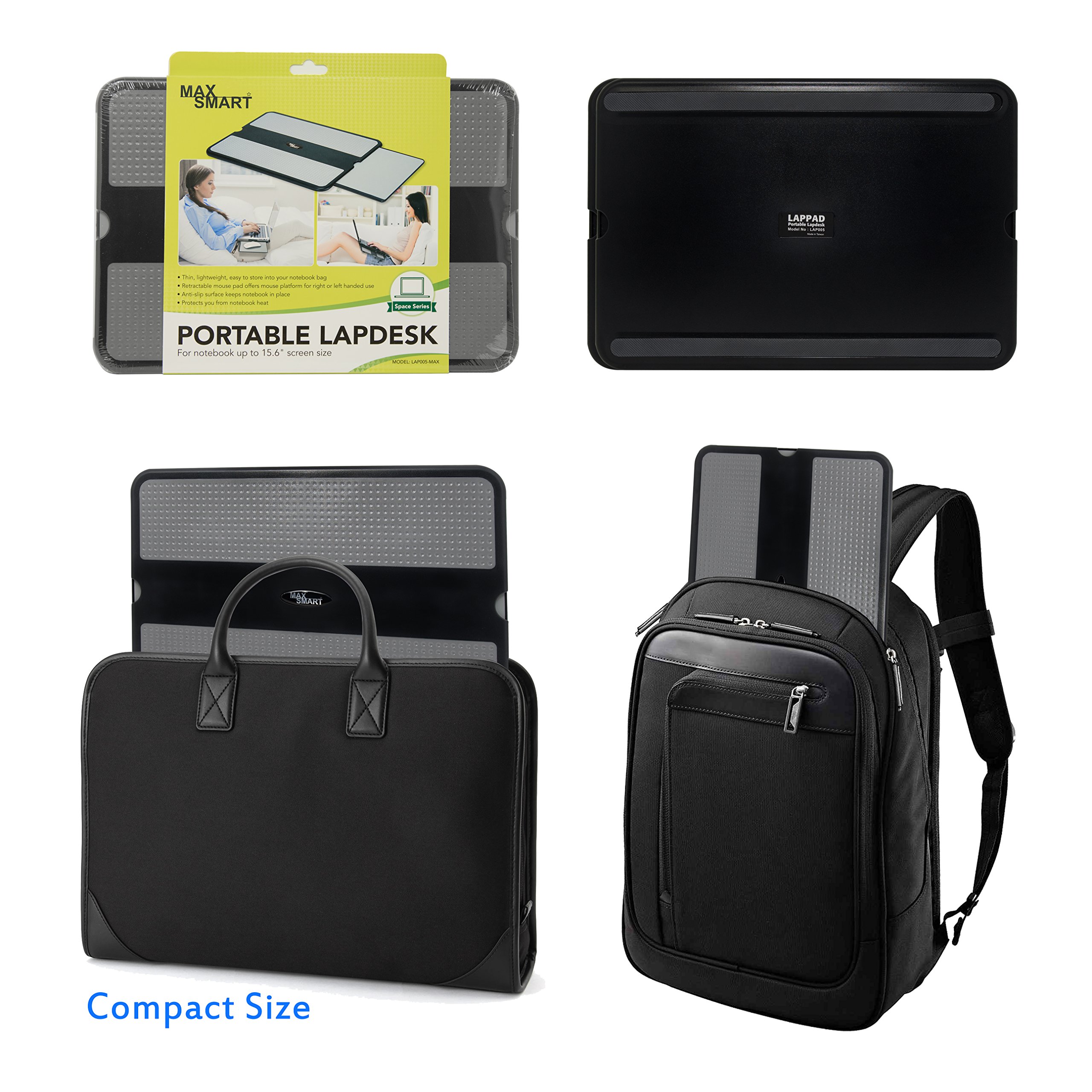 MAX SMART Lap Desk - Lap Tray Stand w Mouse Tray Mouse Pad, Anti-Slip Heat Shield, Cooler Working Surface as Table Computer Stand in Bed Sofa Recliner Couch, Laptop Accessory Black/Gray