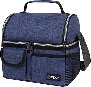 OPUX Insulated Dual Compartment Lunch Bag for Men, Women | Double Deck Reusable Lunch Pail Cooler Bag with Shoulder Strap, Soft Leakproof Liner | Large Lunch Box Tote for Work, School (Navy)