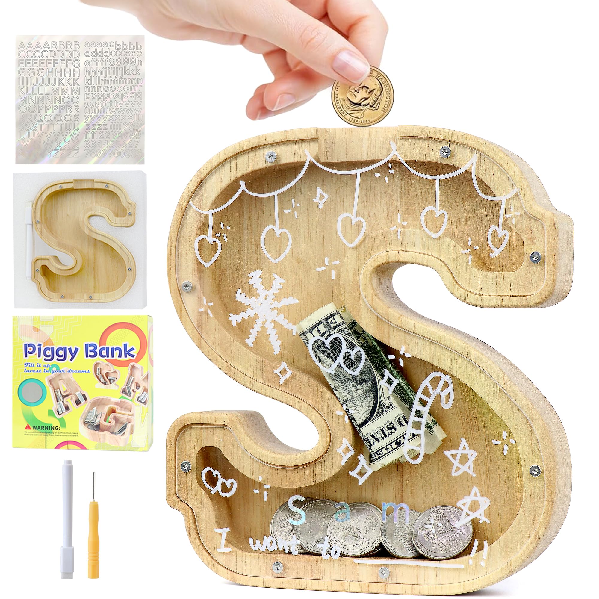 Mikytoper Money Box for Kids, Wooden Letter Piggy Banks for Kids, Personalized Money Box Clear Money Bank, Boys Girls Toddler Birthday Festival Gift (S)