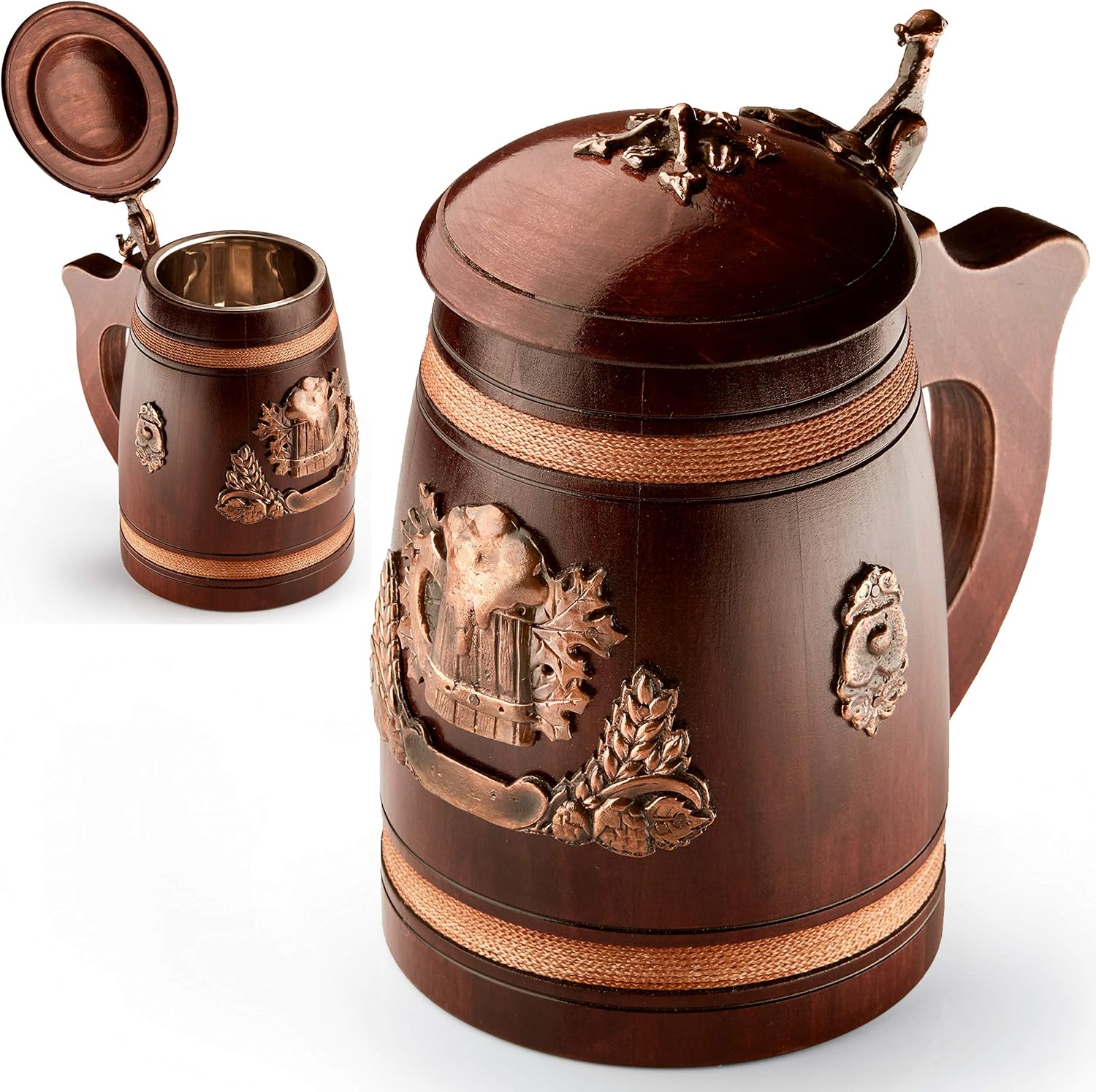 Wooden Medieval Beer Tankard with Lid 0.5L Large and Heavy Duty Solid