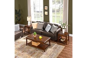 MIAUWUUFHOME Mid-Century Modern Coffee Table Set of 3, 3-Piece Solid Wood Living Room Table Set, Coffee Table with 2 Square End Side Tables, Cherry Walnut Home Furniture for Apartment KFZ-DR200-3