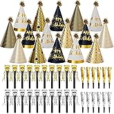 JOYEONDEF 48 Pcs Gold Birthday Party Cone Hats with Noise Makers – Includes 16 Gold Paper Hats and 32 Party Blowers for Birthday Party