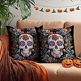 HOMETITUTE Day of The Dead Pillow Covers 18x18 Inch Pack of 2 Colorful Sugar Skull with Flowers and Birds Halloween Pillow Covers Spooky Throw Pillow Covers for Couch Pillows Sofa Bed Home Decor