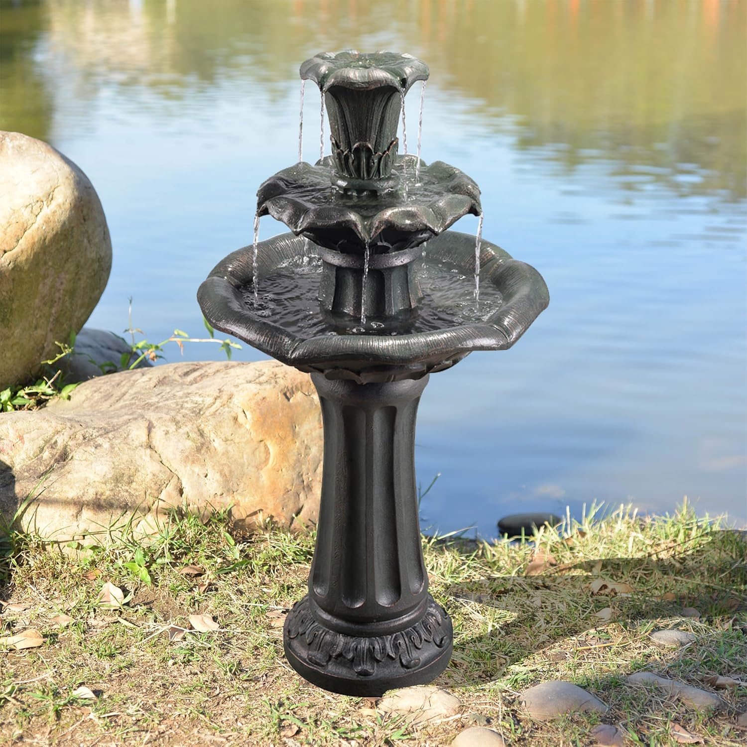 Peaktop VFD8207 - Outdoor Lily 3-Tier Waterfall Fountain - 37.8", Dark Grey : Garden & Outdoor