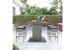BIADNBZ 5-Piece Patio Dining Set PE Wicker Square Kitchen Table with Storage Shelf and 4 Padded Stools for Poolside, Garden, Gray Rattan+Dark Gray Cushion