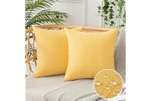 UGS UGASA UGASA Outdoor Throw Pillow Covers Pack of 2 Plaid Texture Waterproof Farmhouse Linen Decorative Square Cushion Pillows Covers for Patio Porch Outside Yard Garden Bench 16x16 Inch, Yellow