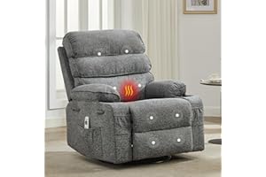 SUNVASAGOO Massage Rocker Recliner with Heating,360° Swivel Glider Recliner Chairs for Adults，Linen Nursery Chair with Side Pocket,Two Cup Holders for Living Room Bedroom