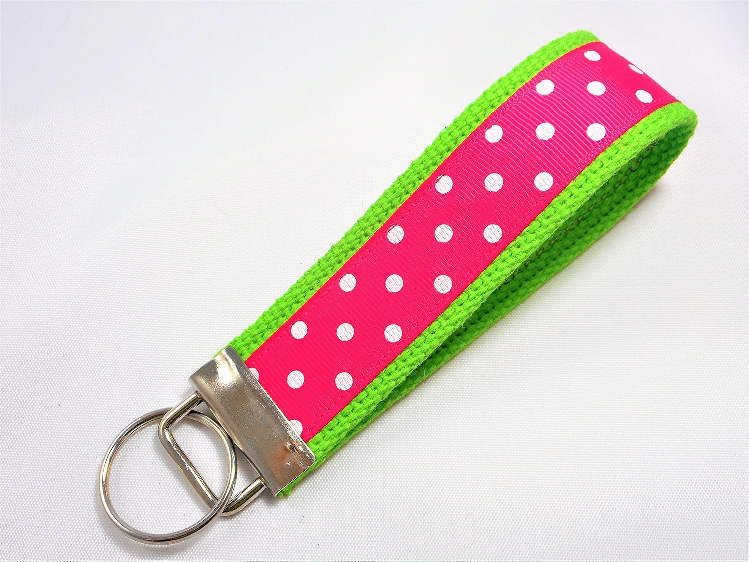 Preppy Dots Ribbon Wristlet Key Fob Keychain Shocking Pink