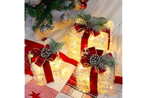 SANHSEHOME Set of 3 Christmas Lighted Gift Boxes Plug-in 60 Led Light Up Boxes Ornaments for Christmas Decorations Indoor Outdoor Home Yard Xmas Tree Holiday Party Lawn Porch (Tinsel)