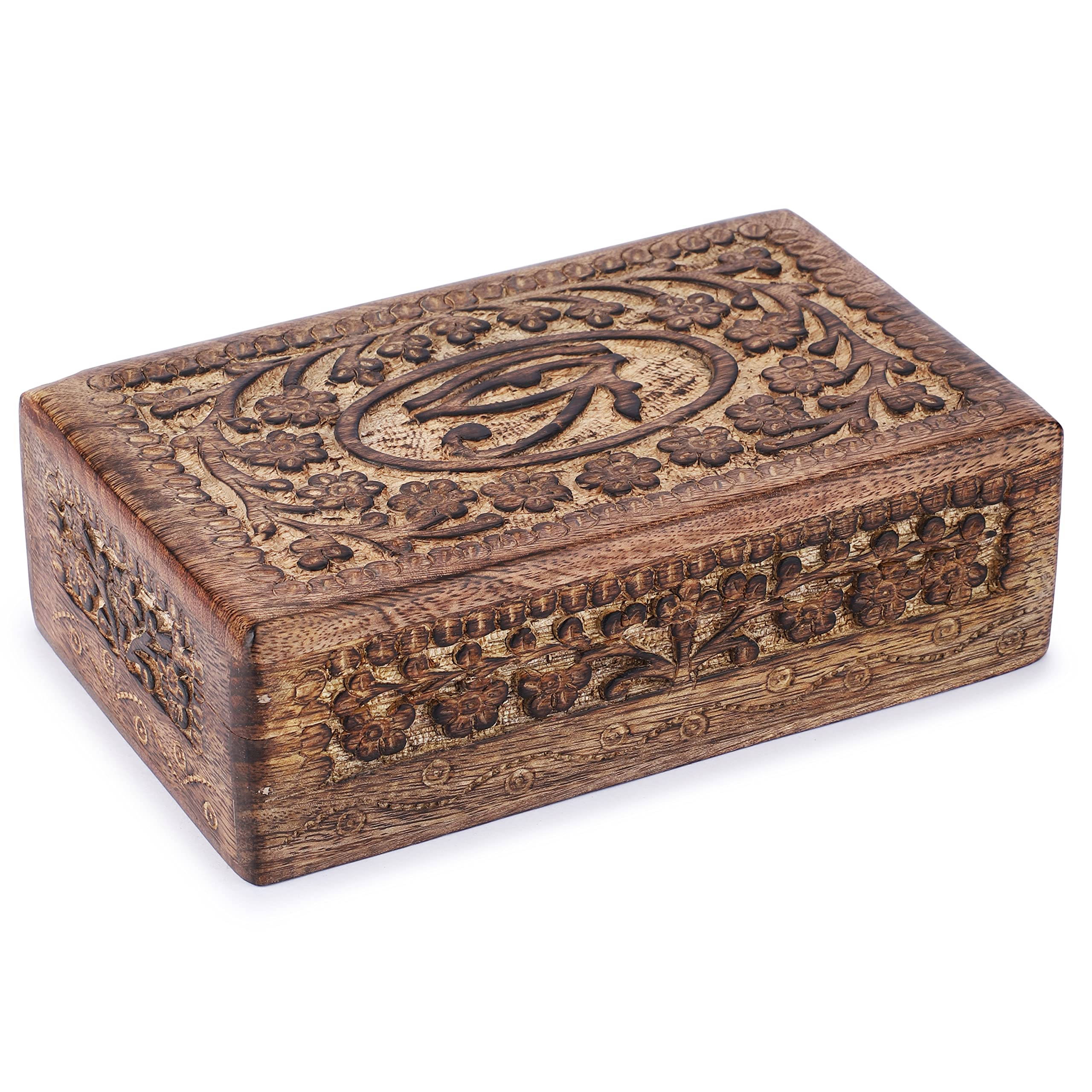 Ajuny Hand-Carved Wooden Jewellery Box, Eye-of-Truth Motif – 8 x 5 in Keepsake & Trinket Organiser, Vintage Treasure Chest Storage for Rings, Earrings, Bracelets – Handmade Gift for Women & Men
