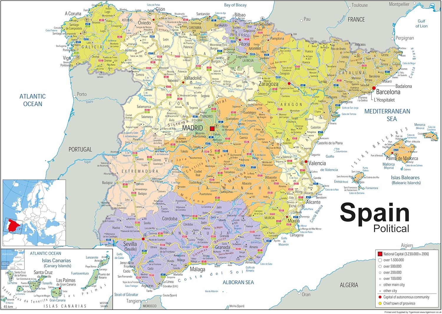 España mapa político – Papel laminado – tamaño A0 – 84,1 x 118.9 ...