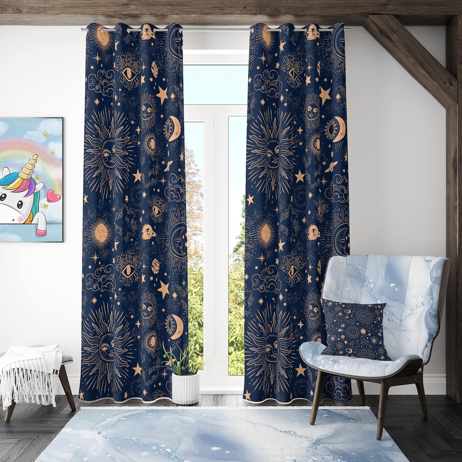 Outdoor Curtains - Llylumty Gold Star Windows Blackout Curtain,Space Galaxy Gold Sun & Moon Cloud Eyes Stars Grommet Home Decor Window Drapes Living Room Bedroom 21x63in,2 Panel Set
