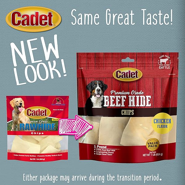 CADET PREMIUM GRADE BEEF HIDE FOR DOGS, RAWHIDE LONG LASTING DOG CHEWS, CHIPS, CURLS & ROLLS FOR SMALL/MEDIUM/LARGE DOGS