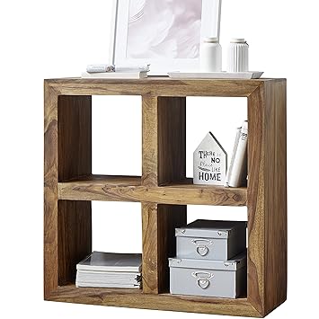 WOHNLING Standregal Massivholz Sheesham 82 cm hoch 4 Böden Design Holz-Regal Natur-Produkt Beistelltisch Landhaus-Stil dunkel