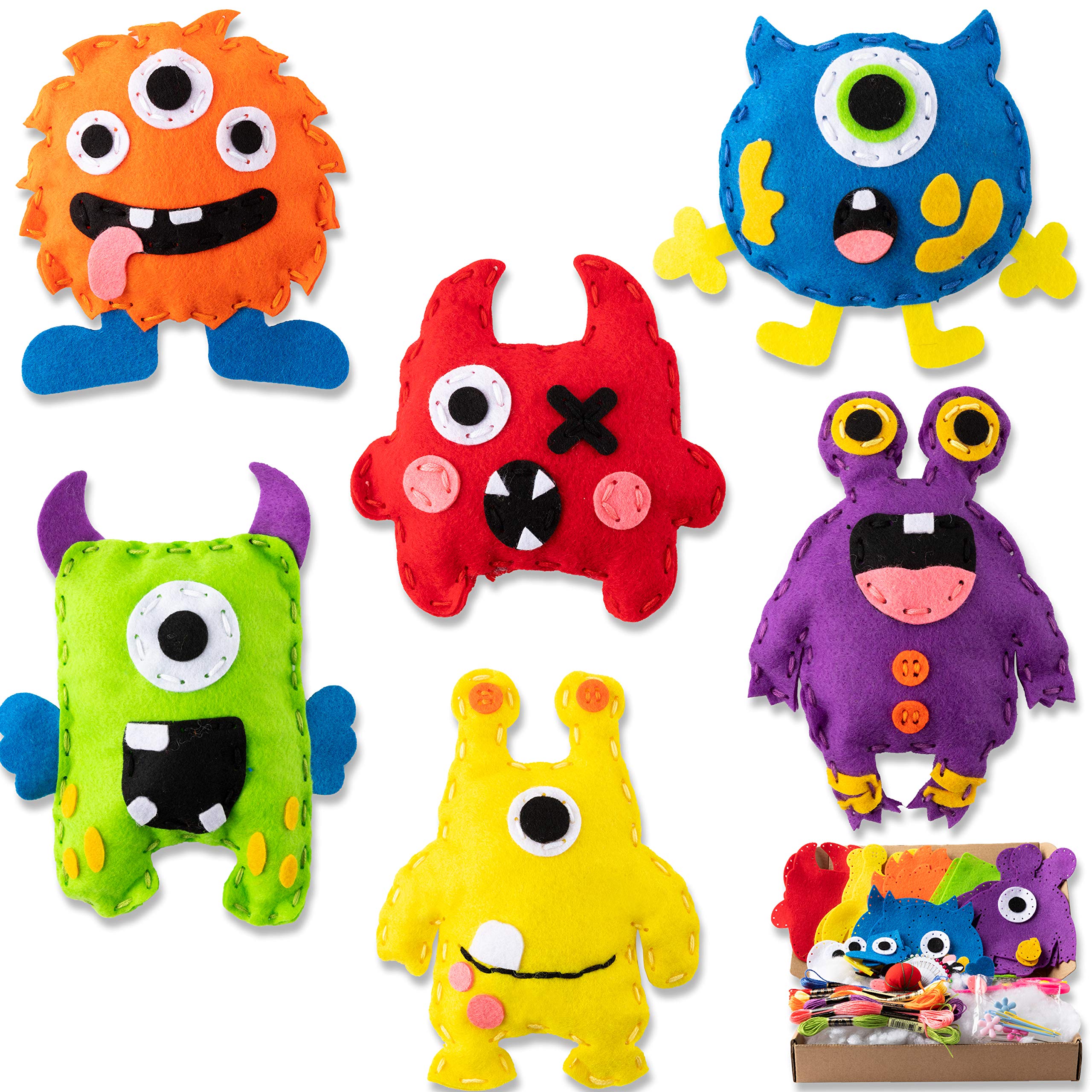 WATINC 6Pcs Felt Sewing Craft Kit for Kids, Stuffed Monster Sewing Pack for Beginner Boys Girls Fun DIY Educational Craft Gift with Multiple Tools