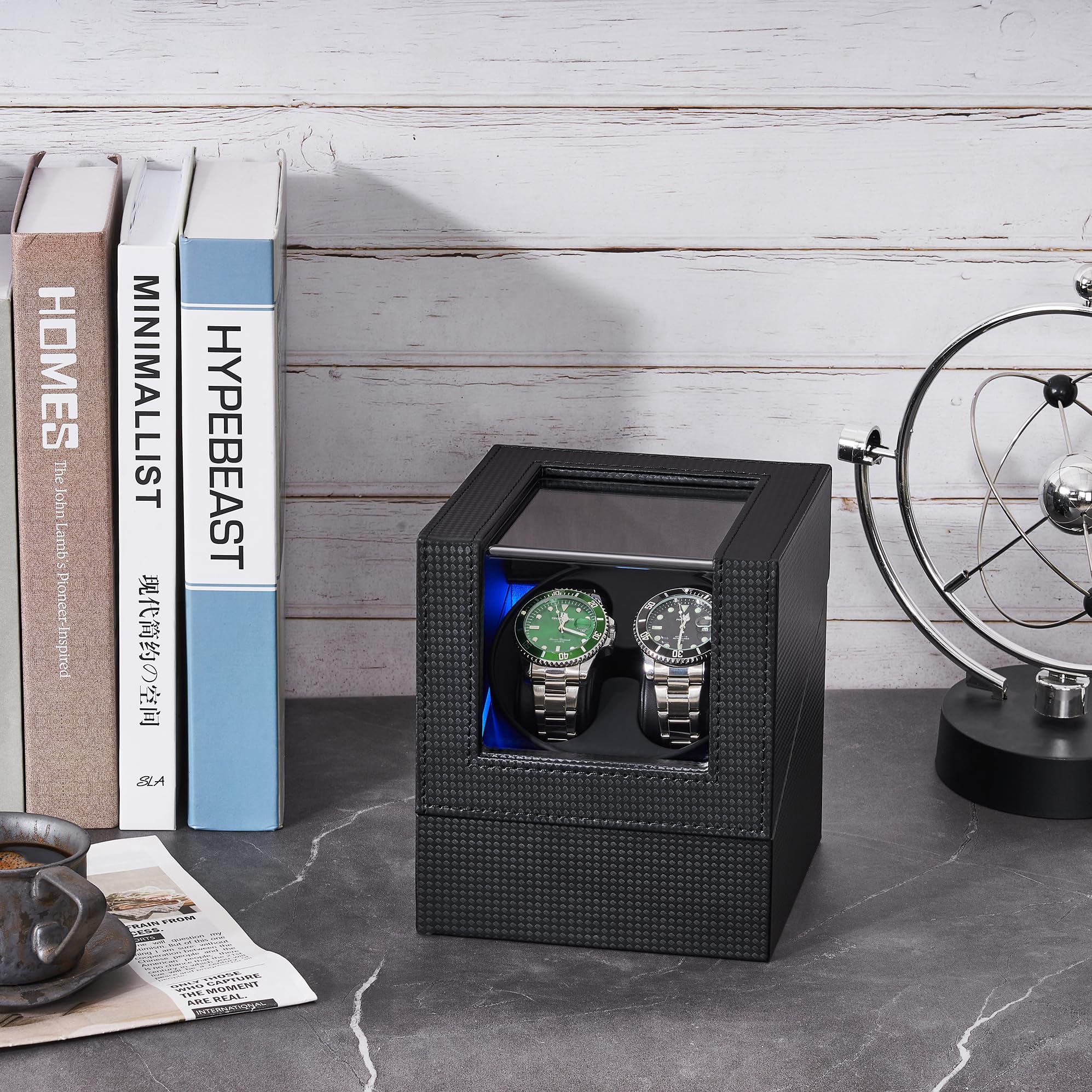 ANWBROAD Double Watch Winder for Automatic Watches Watch Rotator with Super Quiet Motor Flexible Watch Pillows LED Backlight Watch Turner Watch Shaker 5 Modes Battery or USB UJWW001C