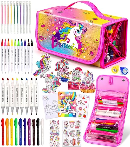 Ophy Girls Birthday Presents - Arts and Crafts for Kids Pencil Case with Diamond Stickers Washable Markers Stationery Set Colouring Set Drawing Painting Sets Markers Set Double Marker Pen Girls Gifts
