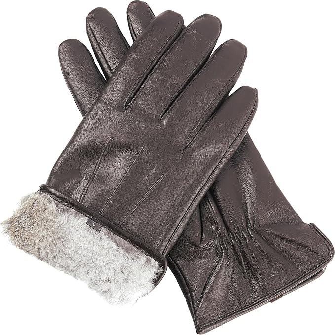 Men's Rabbit Fur Lined Sheepskin Leather Gloves, Touchscreen, Winter