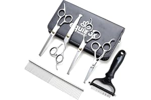 EQUINOX INTERNATIONAL Equinox Dog Grooming Scissors & Deshedder - 7 in 1 Pet Grooming Scissors Set with undercoat brush - Curved Dog Scissors with safety tips - Includes Thinning & Rounded Shears - For dogs & cats