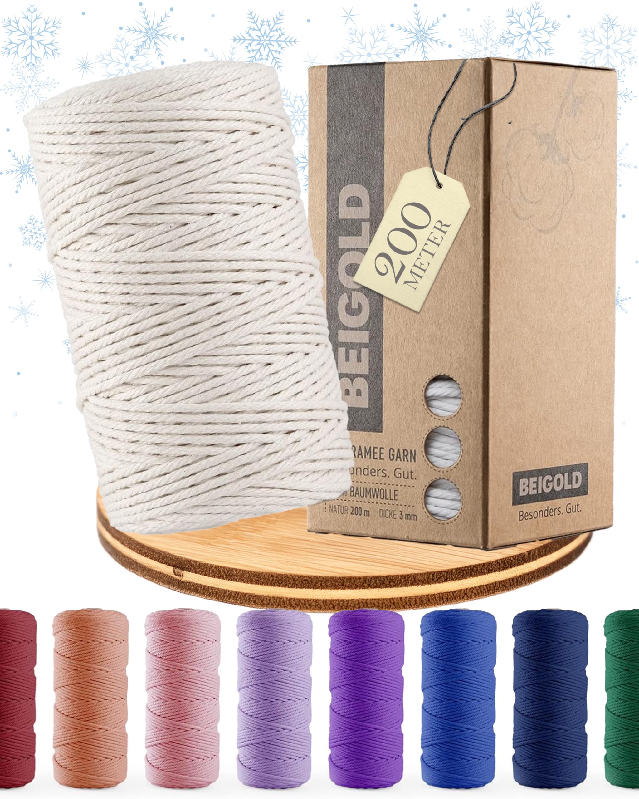 BEIGOLD® Premium Natural Macrame Yarn - Macrame Yarn 3 mm x 200 m for Beautiful Natural Look Cotton Blend Yarn for Macrame Arts DIY Crafts