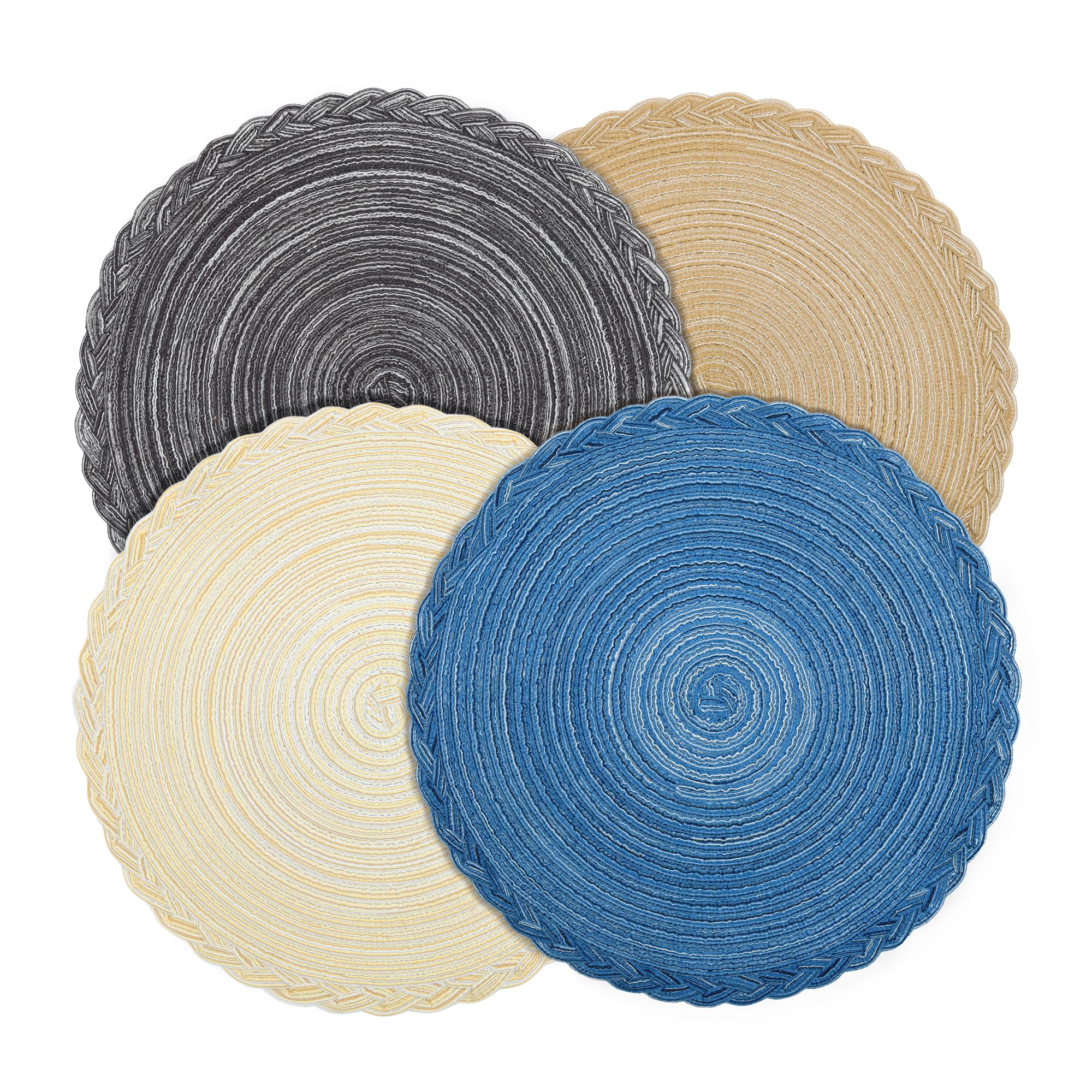fanquare Round Woven Set of 4 Placemats, Braided Multicoloured Place Mats, Heat Resistant Washable Table Mats for Home Party Dinner Table, 38cm