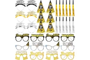 ERWEICET New Years Eve Party Supplies Decorations 2026, 36pcs Headband Noise Makers Party Favors Black Gold Silver Happy New Year Cone Hats Cheers 2026 Glasses for New Years Eve Accessories Kit