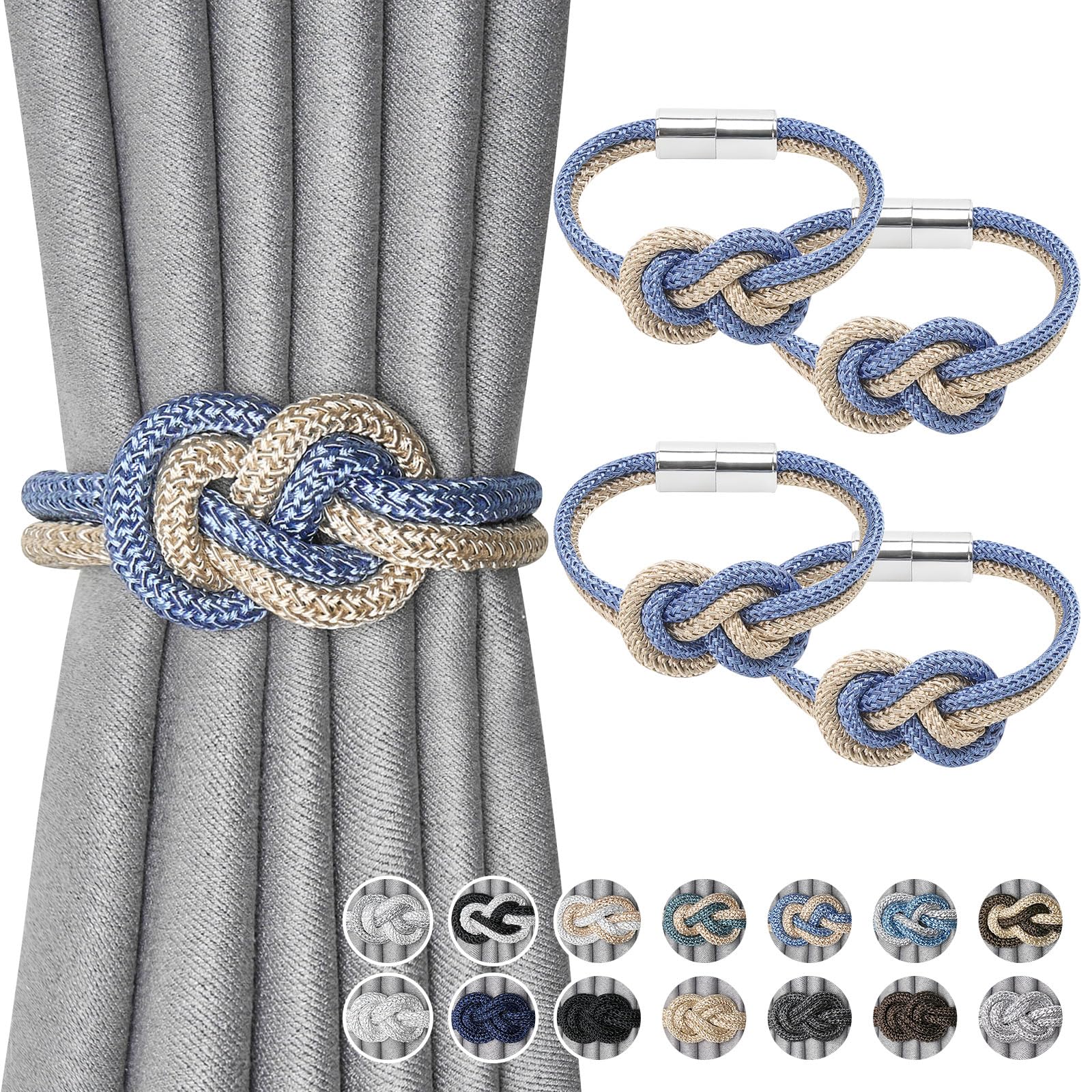 Pretty Jolly 4 Pack Mini Magnetic Curtain Tiebacks Nordic Simple Style Drape Tie Backs Elegant Hand Weave Rope Knot Decorative Curtain Holdbacks for Home & Office Window Drapery (Blue & Beige)