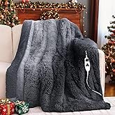 RUJIPO Heated Electric Blanket Throw–Faux Fur with Soft Thick Sherpa,Warm Winter Birthday Gifts for Women Grandma，10 Heat Settings,5 Time Settings with Fast Heating, 50x60, Midnight Black