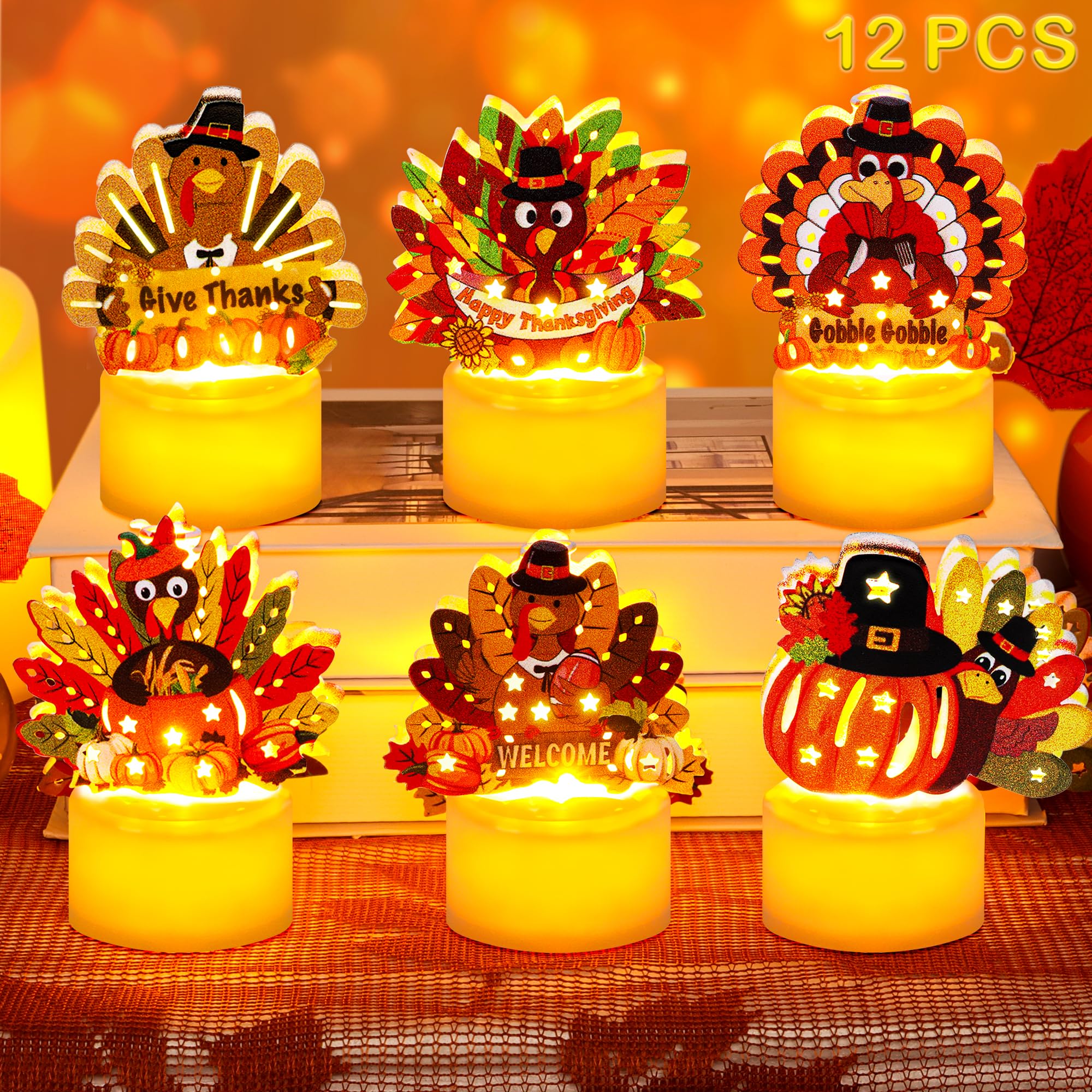 Photo 1 of 12 PCS Thanksgiving Table Decorations Turkey Tea Lights Candles, Battery Operated Thanksgiving LED Flameless Tealight Candles Thanksgiving Turkey Centerpieces Decorations for Home Indoor Kitchen Party
