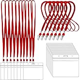 100Pcs Clear Plastic Horizontal Name Tags Badge ID Card Holders and 100Pcs Lanyards with Clip (Red)