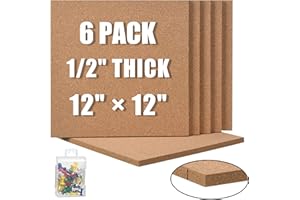 SUNGIFT Cork Board 12"x12" - 1/2" Thick Square Bulletin Boards 6 Pack Cork Tiles with 50 Push Pins Mini Wall Self-Adhesive Corkboards Tiles for Wall