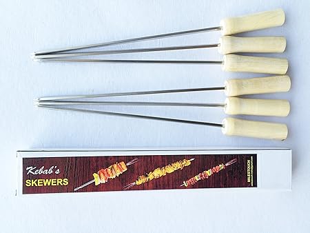 Milestouch 6 Pcs Stainless Steel Skewers Wood Handle For Tandoor / Grilling - Barbeque -13 Inches- 6 Skewers (Rod, Saliya) (Standard)