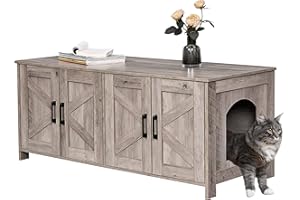 Homhedy Cat Litter Box Enclosure for 2 Cats, Litter Box Furniture Hidden with Double Room,Wooden Cat Washroom Furniture,Cat House,47.2”L x 19.7”W x 19.7”H,Greige